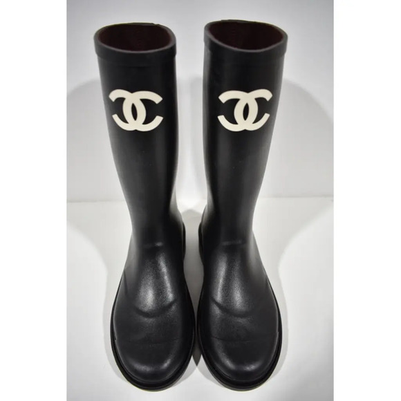 Chanel REV Black White Caoutchouc CC Logo High Pull On Rubber Rain Boots 40 - Picture 7 of 12